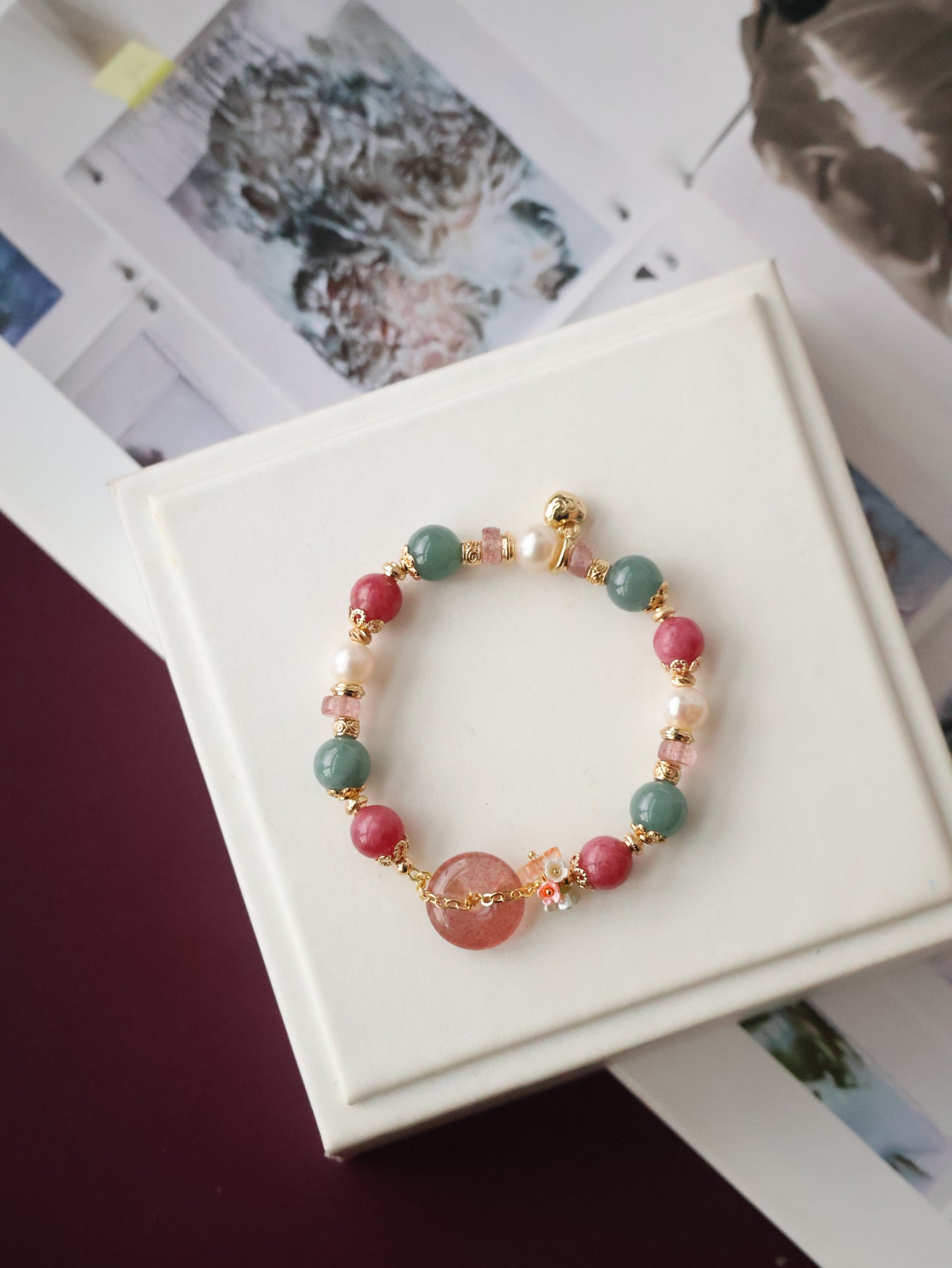 *Instocks* Mia - 平安扣 Ping An Kou - 8mm Blue Water Jadeite, Strawberry Quartz, Rhodonite, Fresh Water Pearl (Elastic)