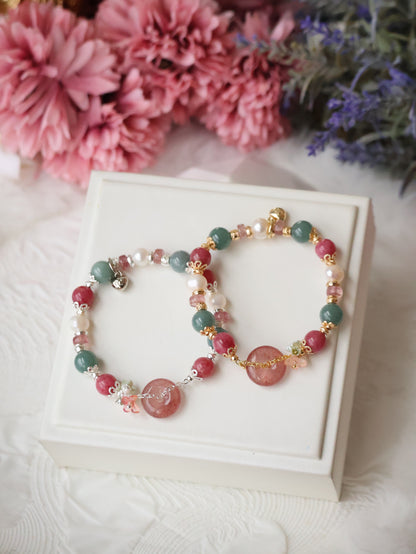 *Instocks* Mia - 平安扣 Ping An Kou - 8mm Blue Water Jadeite, Strawberry Quartz, Rhodonite, Fresh Water Pearl (Elastic)
