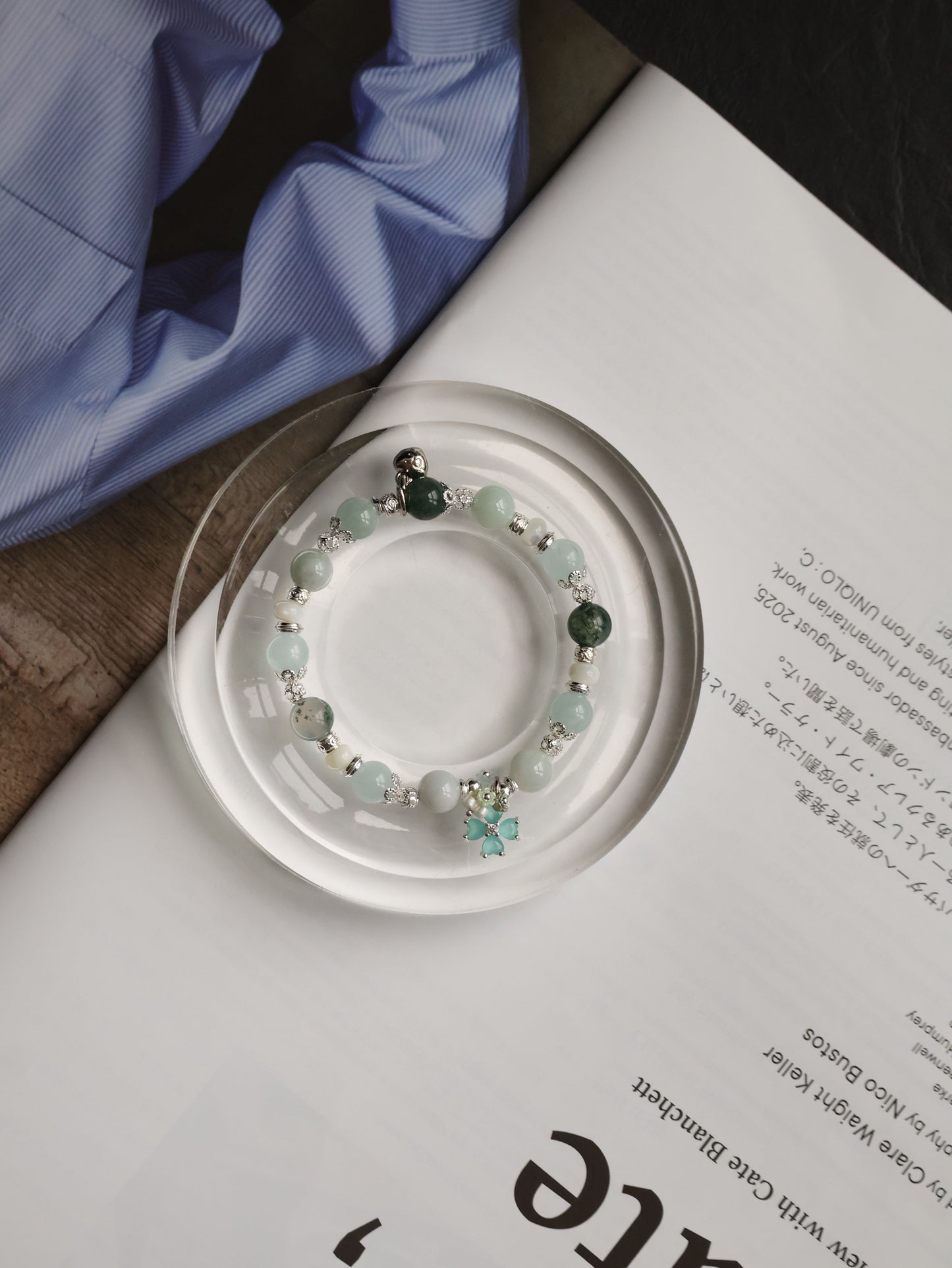 Aquamarine, White Conch, Green Jadeite & Moss Agate with Flower Charm — Mariselle | 8mm (Elastic)