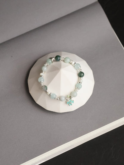 Aquamarine, White Conch, Green Jadeite & Moss Agate with Flower Charm — Mariselle | 8mm (Elastic)