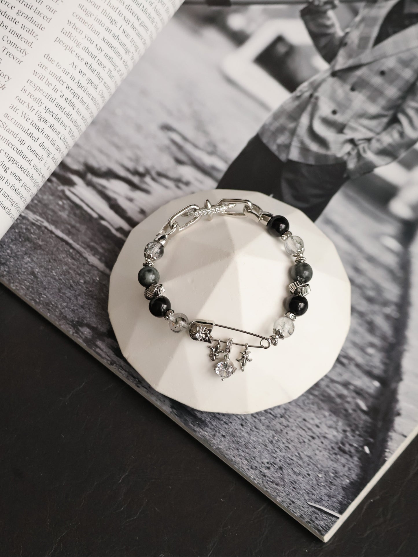 Grey Tiger’s Eye, Black Obsidian & Herkimer Diamond — Chroel| 8mm (Elastic)