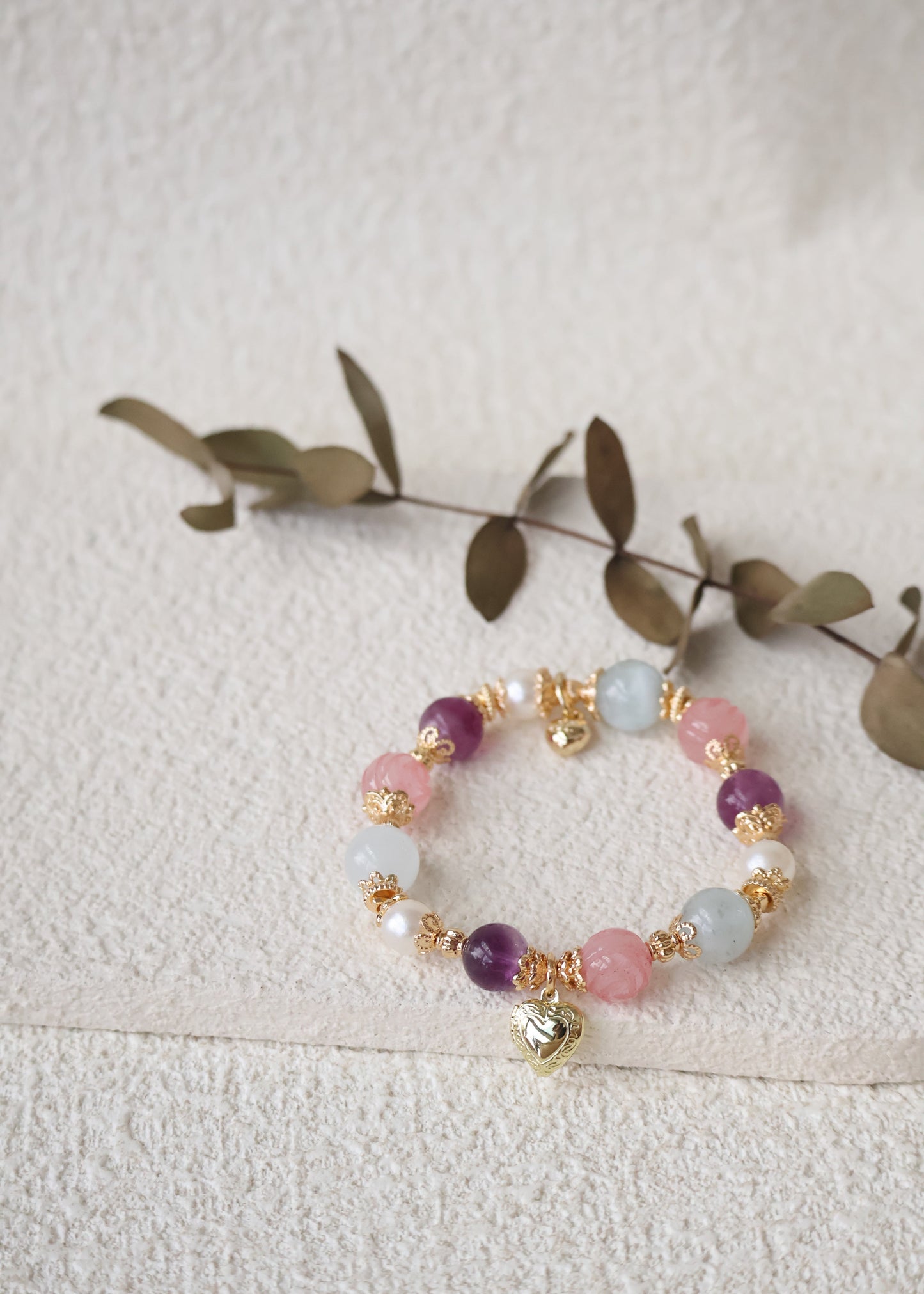 *Instocks* Rose Quartz Roses, Purple Fluorite & Milky Aquamarine with Heart Locket Crystal Bracelet (Elastic)