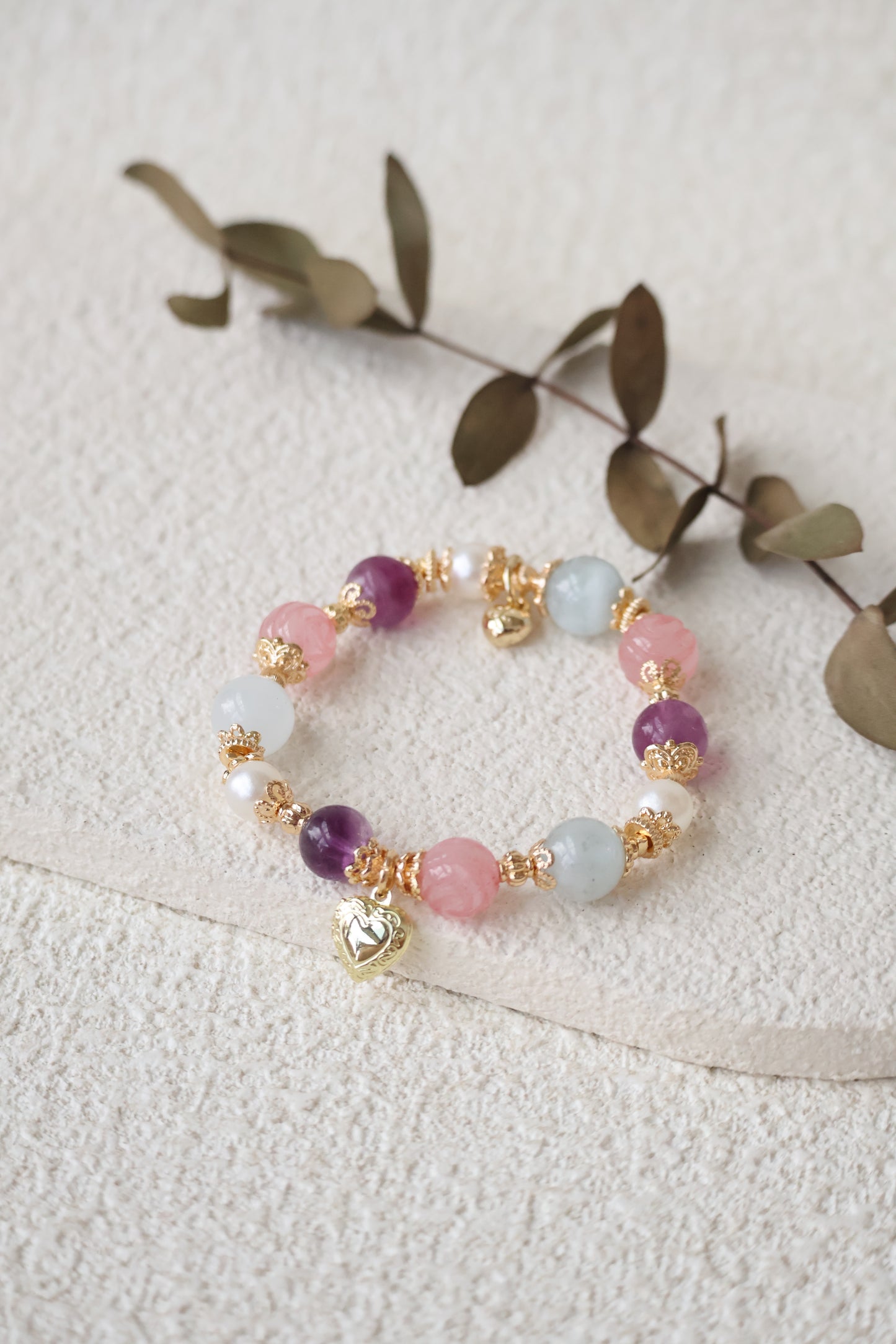 *Instocks* Rose Quartz Roses, Purple Fluorite & Milky Aquamarine with Heart Locket Crystal Bracelet (Elastic)