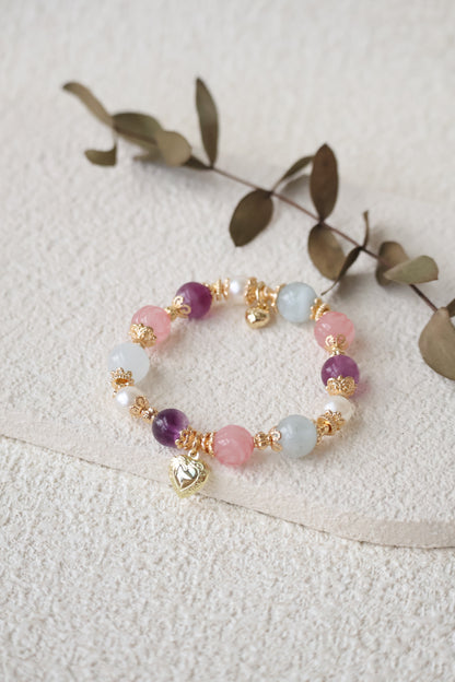 *Instocks* Rose Quartz Roses, Purple Fluorite & Milky Aquamarine with Heart Locket Crystal Bracelet (Elastic)
