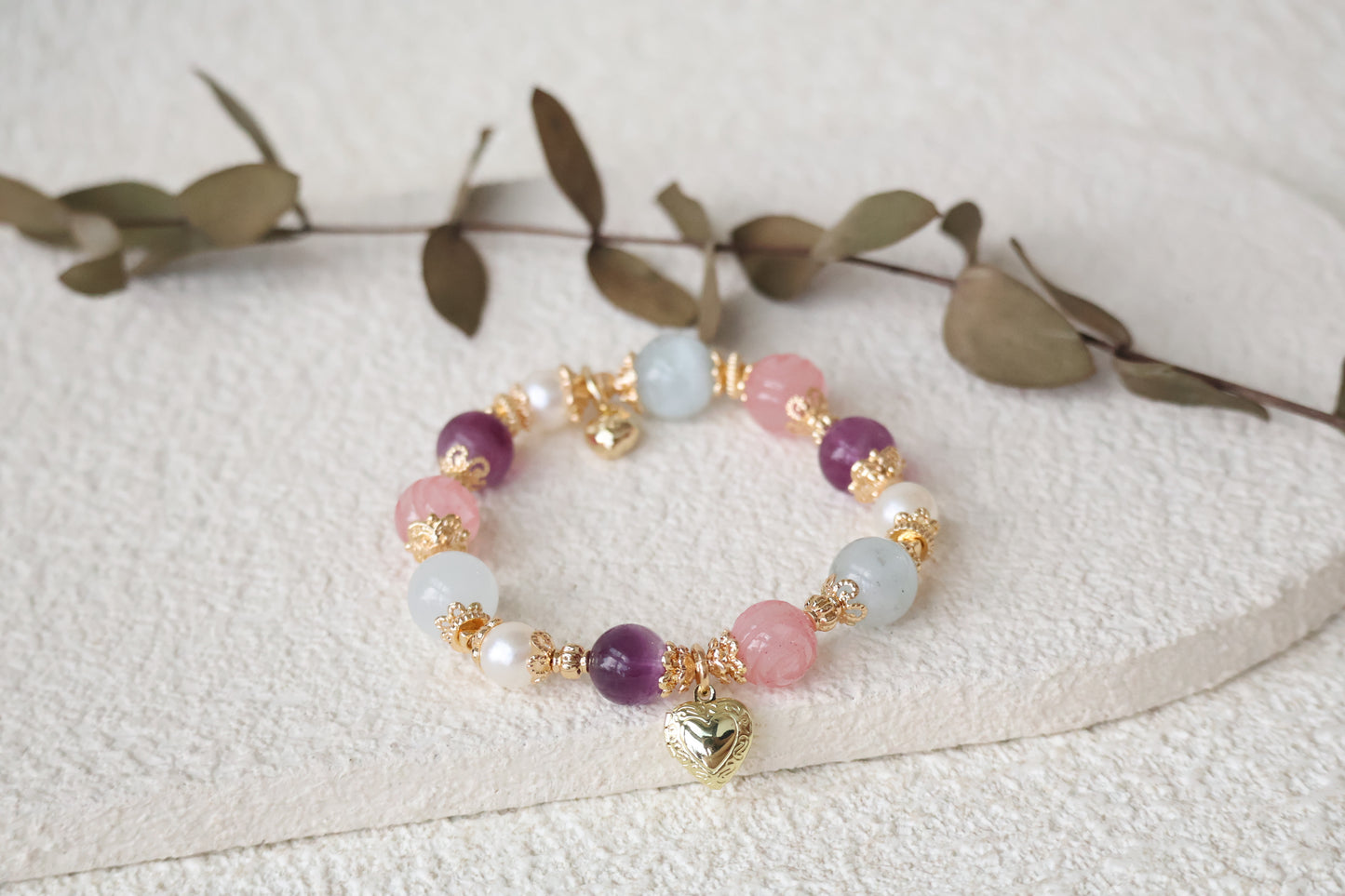 *Instocks* Rose Quartz Roses, Purple Fluorite & Milky Aquamarine with Heart Locket Crystal Bracelet (Elastic)