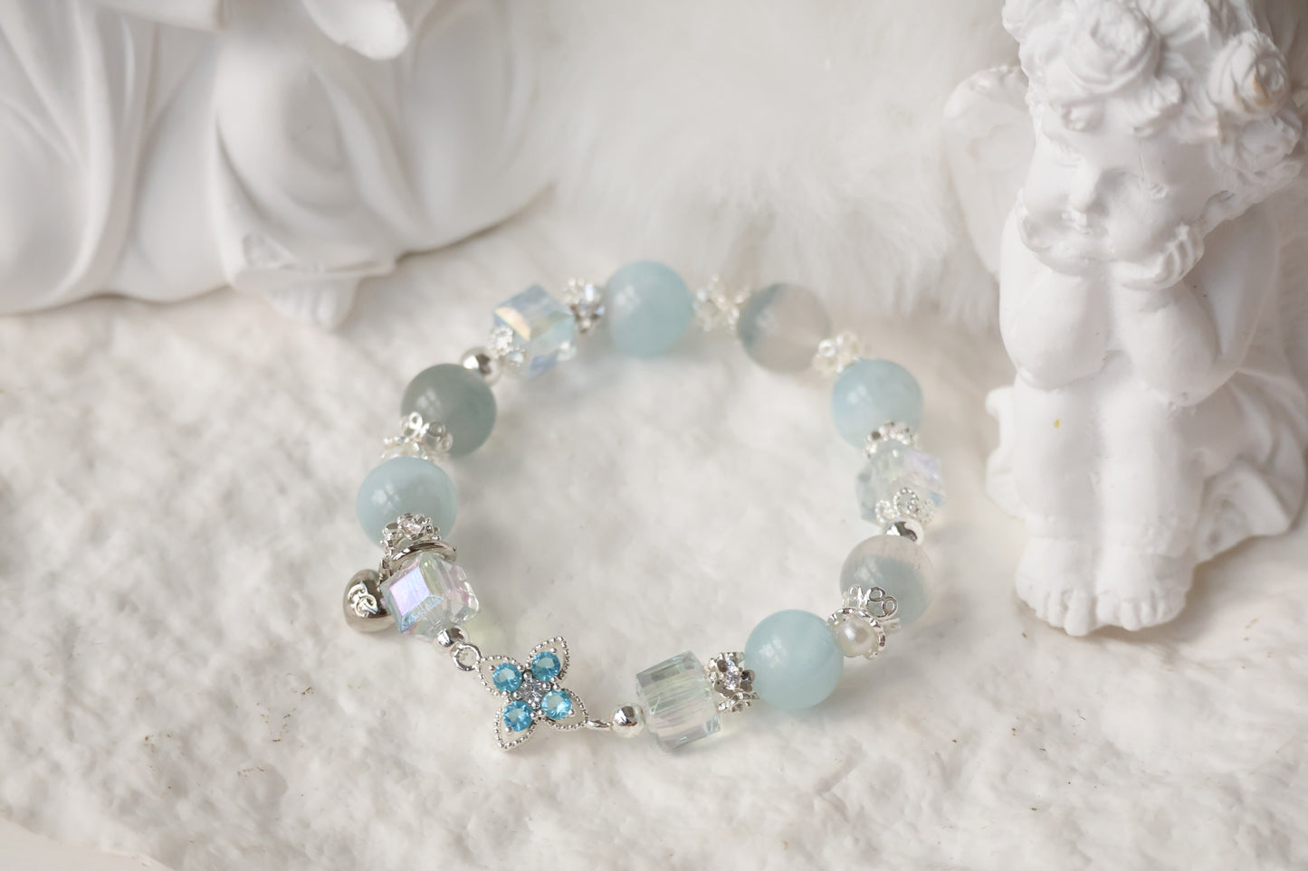 *Instocks* Blue Fluorite & Milky Aquamarine with Blue Clover Crystal Bracelet (Elastic)