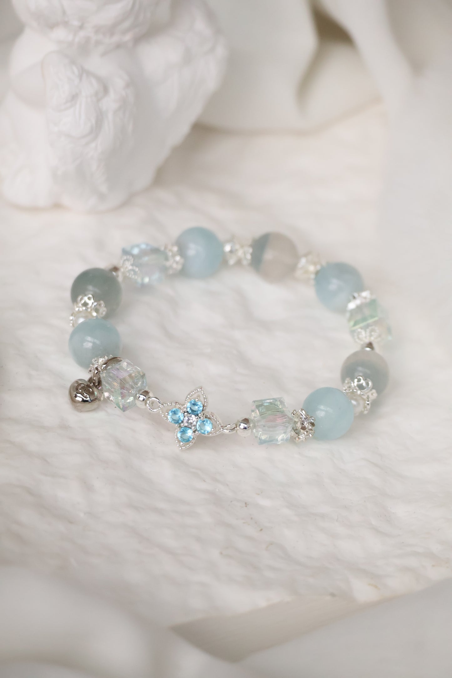 *Instocks* Blue Fluorite & Milky Aquamarine with Blue Clover Crystal Bracelet (Elastic)