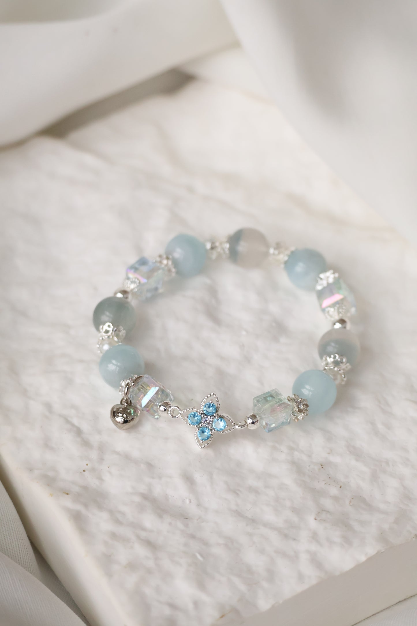 *Instocks* Blue Fluorite & Milky Aquamarine with Blue Clover Crystal Bracelet (Elastic)
