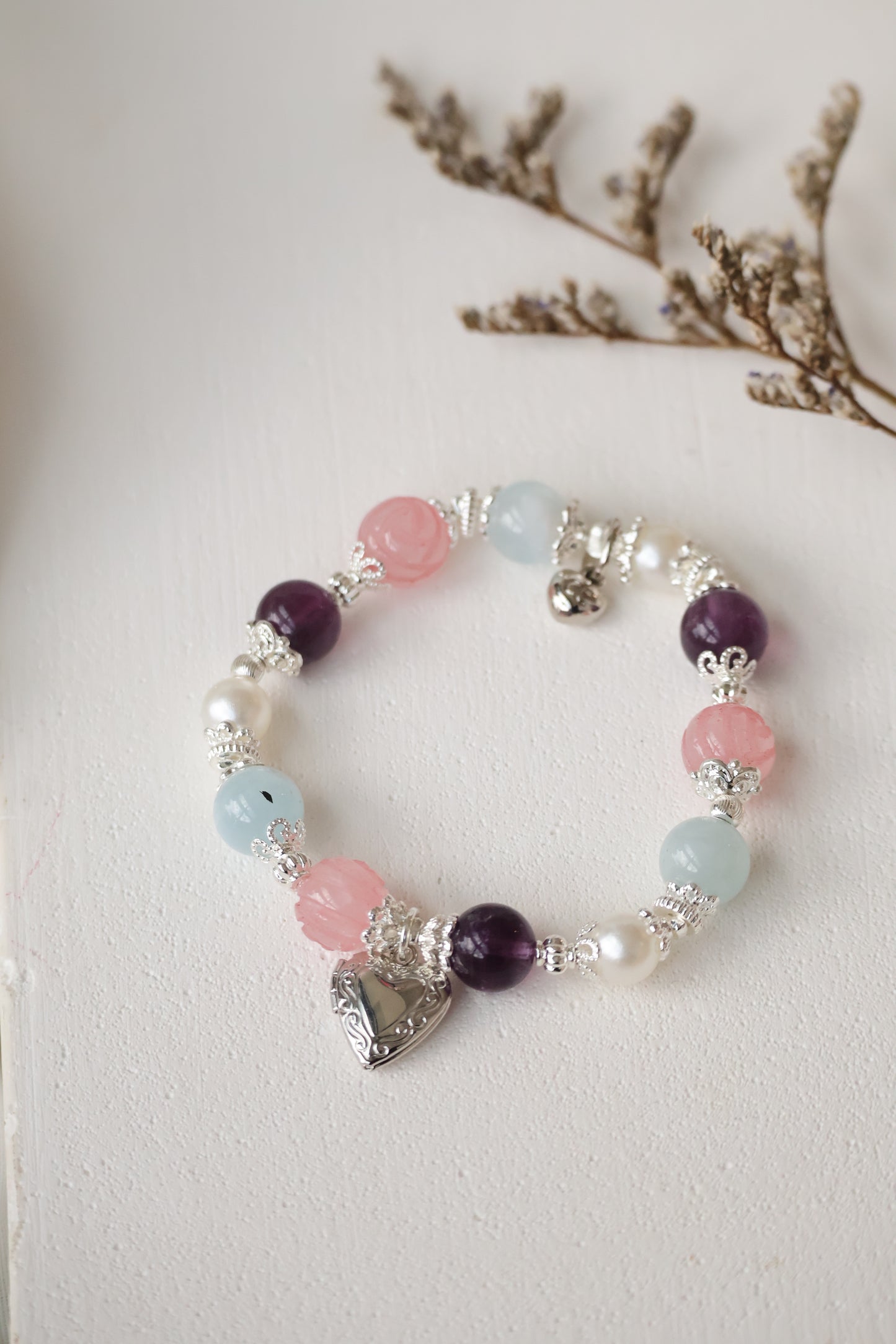 *Instocks* Rose Quartz Roses, Purple Fluorite & Milky Aquamarine with Heart Locket Crystal Bracelet (Elastic)