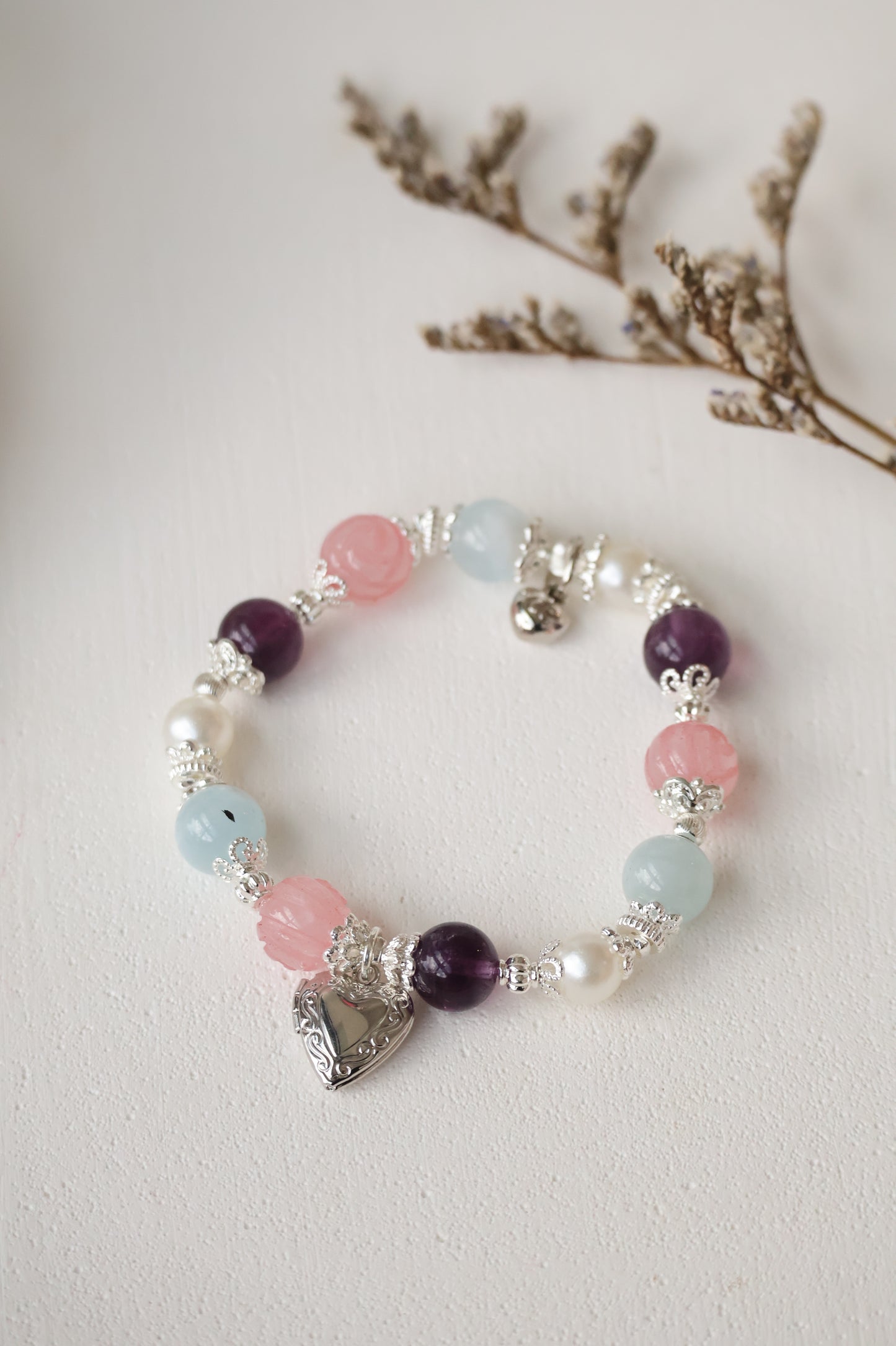 *Instocks* Rose Quartz Roses, Purple Fluorite & Milky Aquamarine with Heart Locket Crystal Bracelet (Elastic)