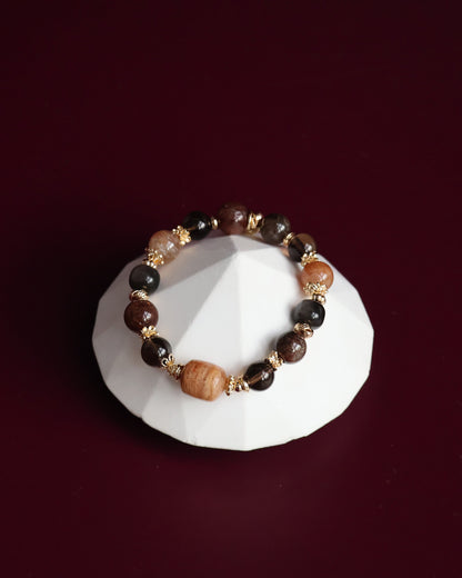 Garden Quartz, Smoky Quartz, Sliver Sheen Obsidian, Black Gold Super 7 Crystal Bracelet — Reddish Slushie Inspired Dupe | 10mm (Elastic)