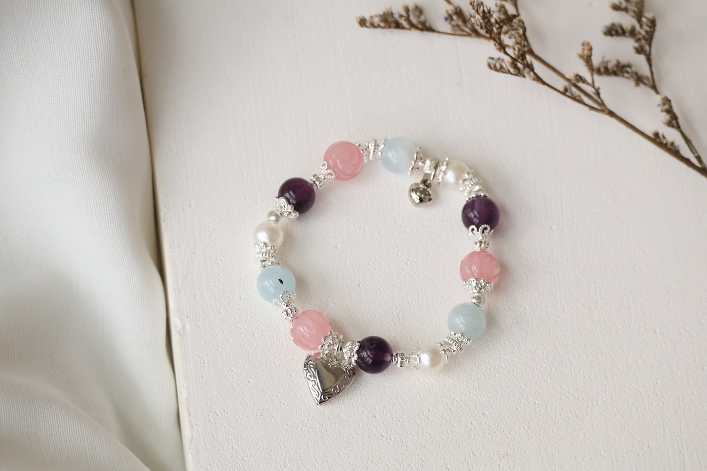 *Instocks* Rose Quartz Roses, Purple Fluorite & Milky Aquamarine with Heart Locket Crystal Bracelet (Elastic)