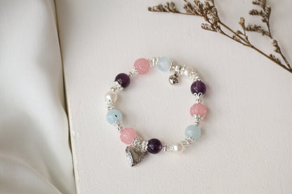 *Instocks* Rose Quartz Roses, Purple Fluorite & Milky Aquamarine with Heart Locket Crystal Bracelet (Elastic)