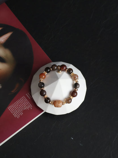 Garden Quartz, Smoky Quartz, Sliver Sheen Obsidian, Black Gold Super 7 Crystal Bracelet — Reddish Slushie Inspired Dupe | 10mm (Elastic)