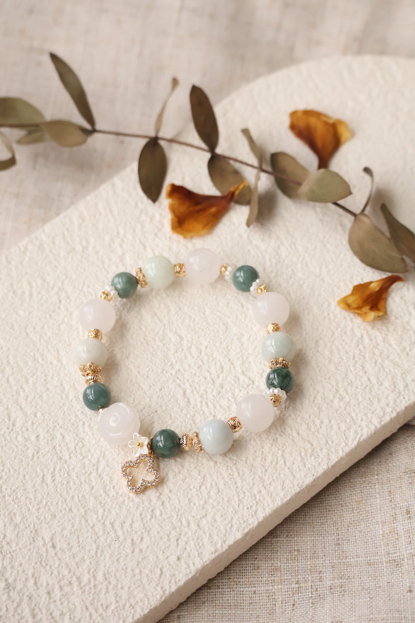 *Instocks* White Jade, Blue Water Jadeite & Green Jadeite with White Jade Rose & Sparkly Clover Crystal Bracelet (Elastic)