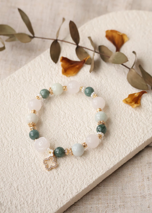 *Instocks* White Jade, Blue Water Jadeite & Green Jadeite with White Jade Rose & Sparkly Clover Crystal Bracelet (Elastic)