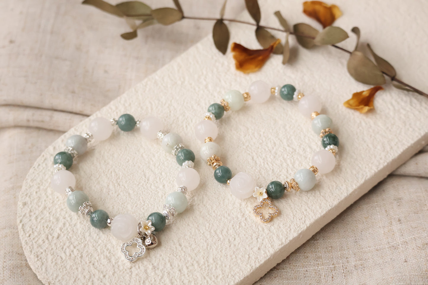 *Instocks* White Jade, Blue Water Jadeite & Green Jadeite with White Jade Rose & Sparkly Clover Crystal Bracelet (Elastic)