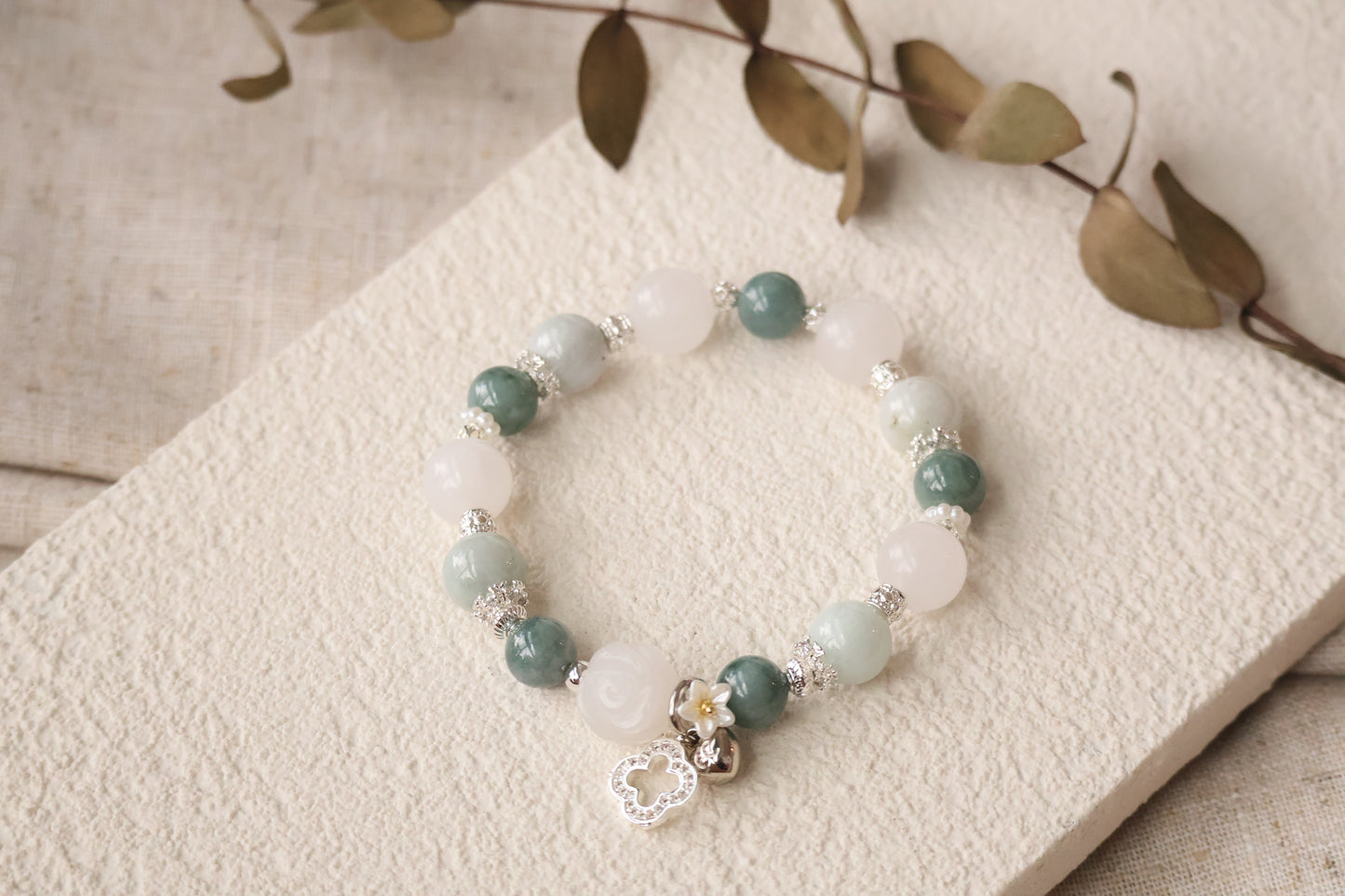 *Instocks* White Jade, Blue Water Jadeite & Green Jadeite with White Jade Rose & Sparkly Clover Crystal Bracelet (Elastic)