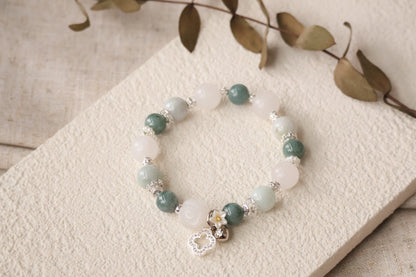 *Instocks* White Jade, Blue Water Jadeite & Green Jadeite with White Jade Rose & Sparkly Clover Crystal Bracelet (Elastic)