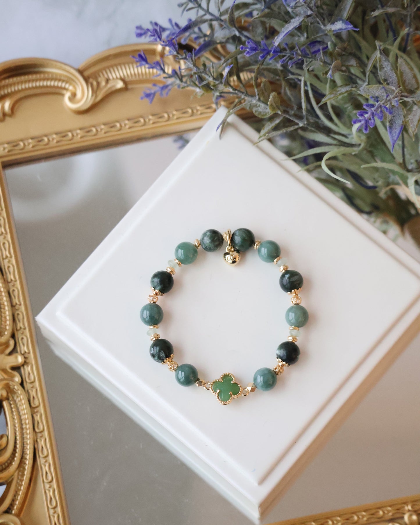 *Instocks*  - Viridian - 8mm Blue Water Jadeite, Seraphinite & Green Aventurine with Clover (Elastic)