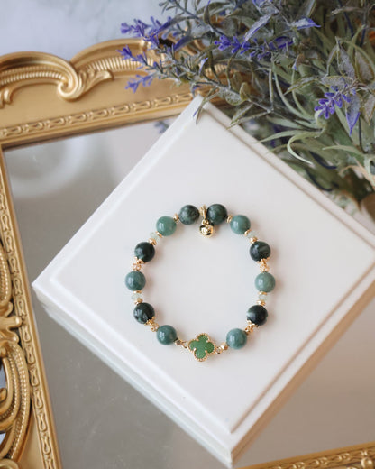 *Instocks*  - Viridian - 8mm Blue Water Jadeite, Seraphinite & Green Aventurine with Clover (Elastic)
