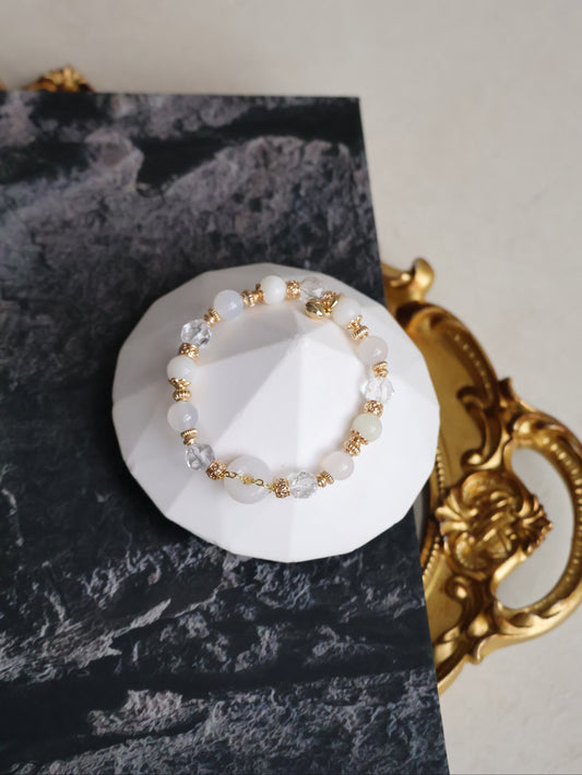 Clear Quartz Faceted, White Agate, White Jadeite —  White Jadevie Ping An Kou | 8mm (Elastic)