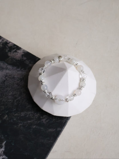 Clear Quartz Faceted, White Agate, White Jadeite —  White Jadevie Ping An Kou | 8mm (Elastic)