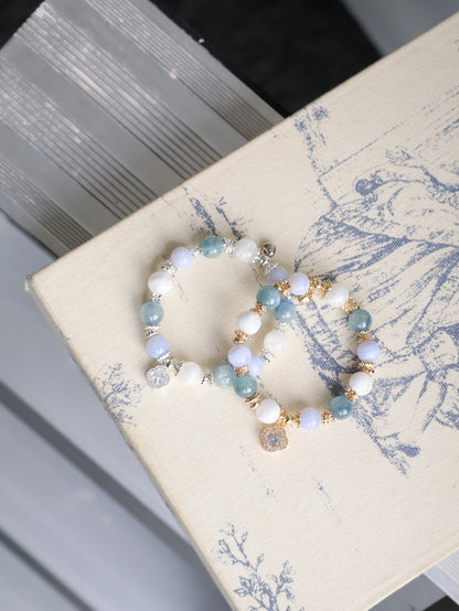 Blue Kyanite, Blue Lace Agate & White Phantom Quartz with Sparkly Clover — Monet Cordelia Twin Crystal Bracelet | 10mm (Elastic)