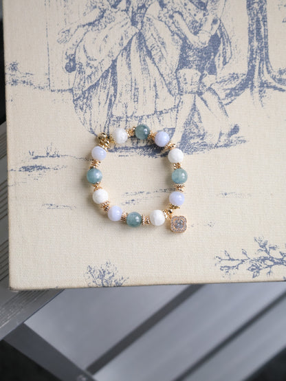 Blue Kyanite, Blue Lace Agate & White Phantom Quartz with Sparkly Clover — Monet Cordelia Twin Crystal Bracelet | 10mm (Elastic)