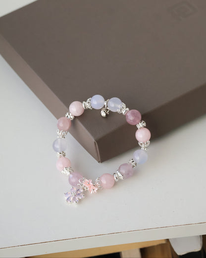 *Instocks* Blooming Bouquet - 8mm/10mm Pink Purple Emerald Mica, Lilac Chalcedony & Rose Quartz with Pink Flower & Mini Flower Bouquet Natural Crystal Bracelet (Elastic)