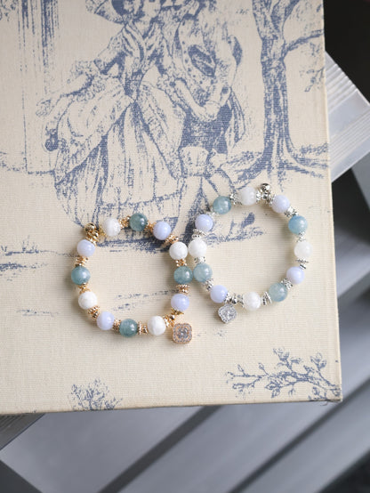 Blue Kyanite, Blue Lace Agate & White Phantom Quartz with Sparkly Clover — Monet Cordelia Twin Crystal Bracelet | 10mm (Elastic)