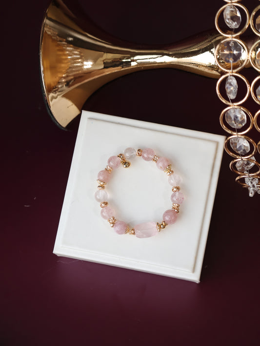 *Instocks* Ophelia - 10mm Pink Purple Emerald Mica, Strawberry Quartz, Rose Quartz with Rose Quartz Freeform (Elastic)