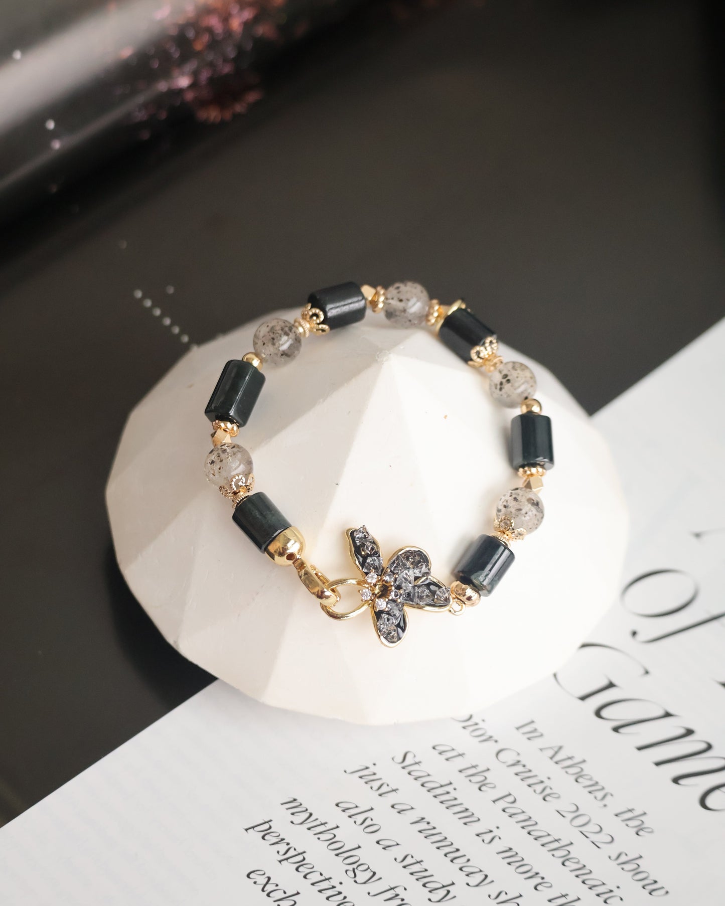 *Instocks* 8mm Bali Inspired: Black Strawberry Quartz (Elastic) Gold