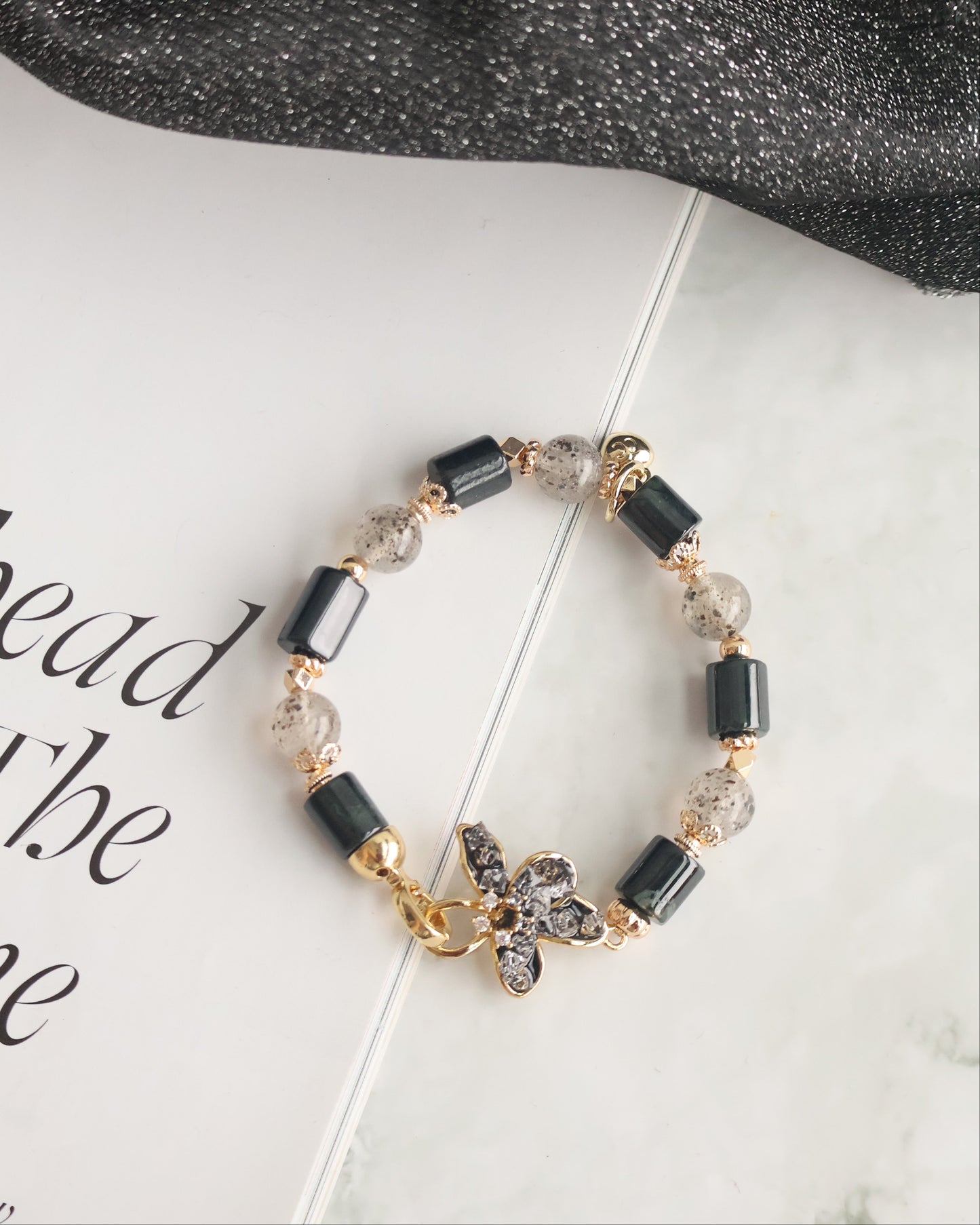 *Instocks* 8mm Bali Inspired: Black Strawberry Quartz (Elastic) Gold