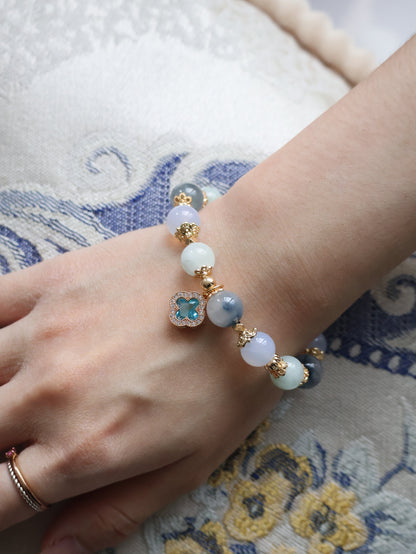 Blue Chalcedony, Aquamarine & Blue Rabbit Hair Crystal Bracelet — Cordelia Twin Sparkly Clover | 8mm + 10mm (Elastic)