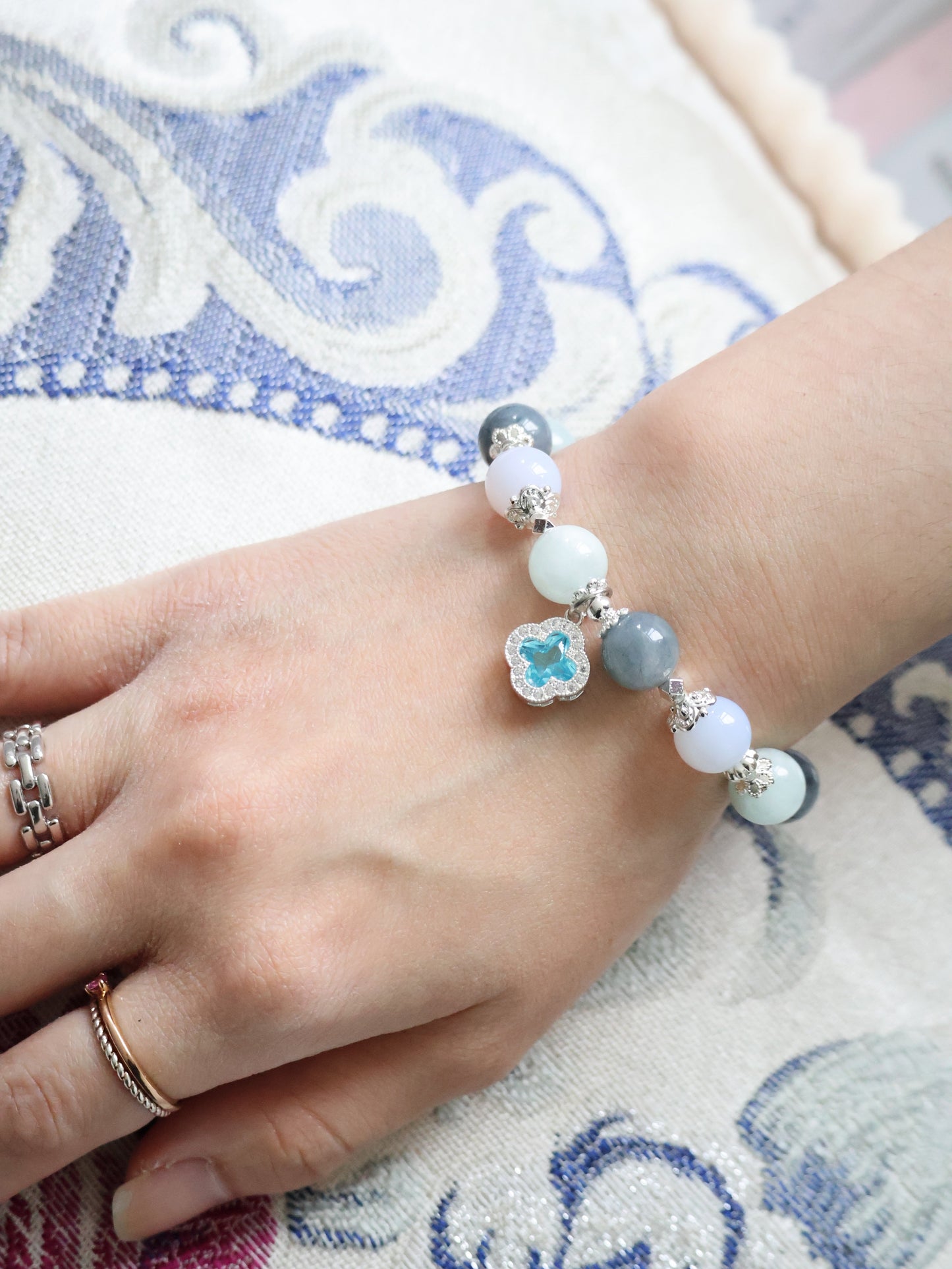 Blue Chalcedony, Aquamarine & Blue Rabbit Hair Crystal Bracelet — Cordelia Twin Sparkly Clover | 8mm + 10mm (Elastic)