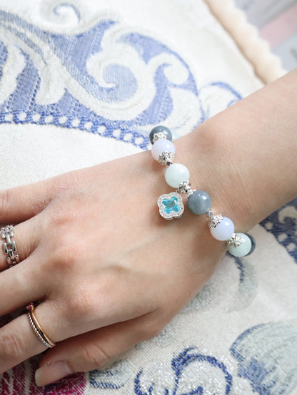 Blue Chalcedony, Aquamarine & Blue Rabbit Hair Crystal Bracelet — Cordelia Twin Sparkly Clover | 8mm + 10mm (Elastic)