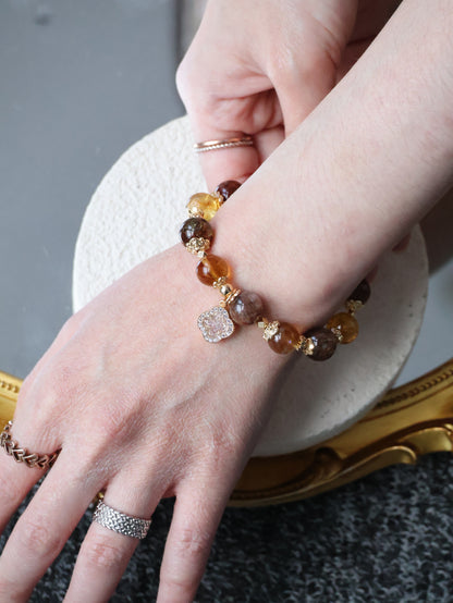 Citrine & Black Gold Super 7 Crystal Bracelet — Cordelia Twin Sparkly Clover | 8mm + 10mm (Elastic)