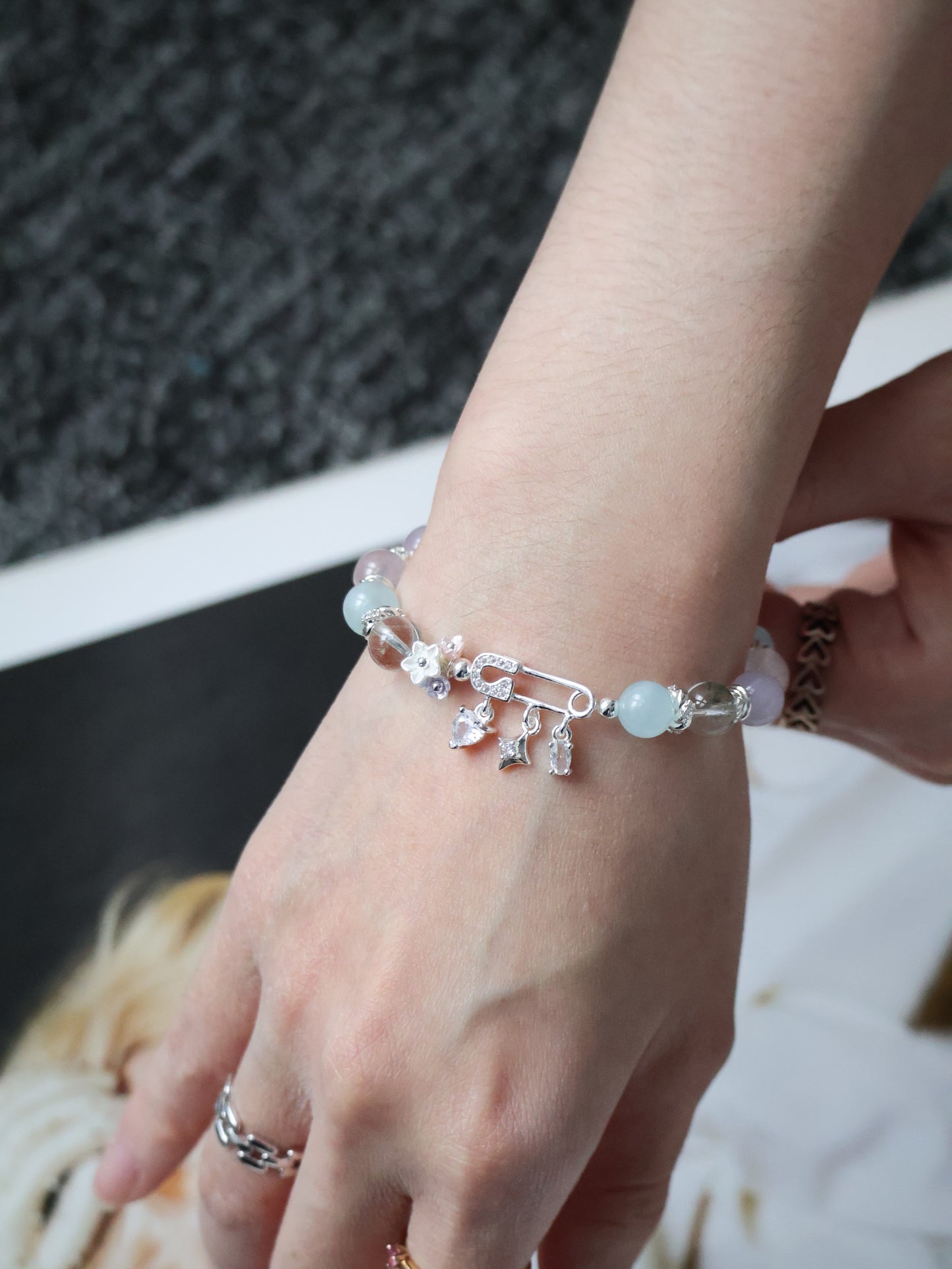 *Instocks* 8mm Genevieve with Safety Pin Charm: Rose Quartz, Lilc Chalcedony, Aquamarine, Green Phantom Quartz (Elastic)