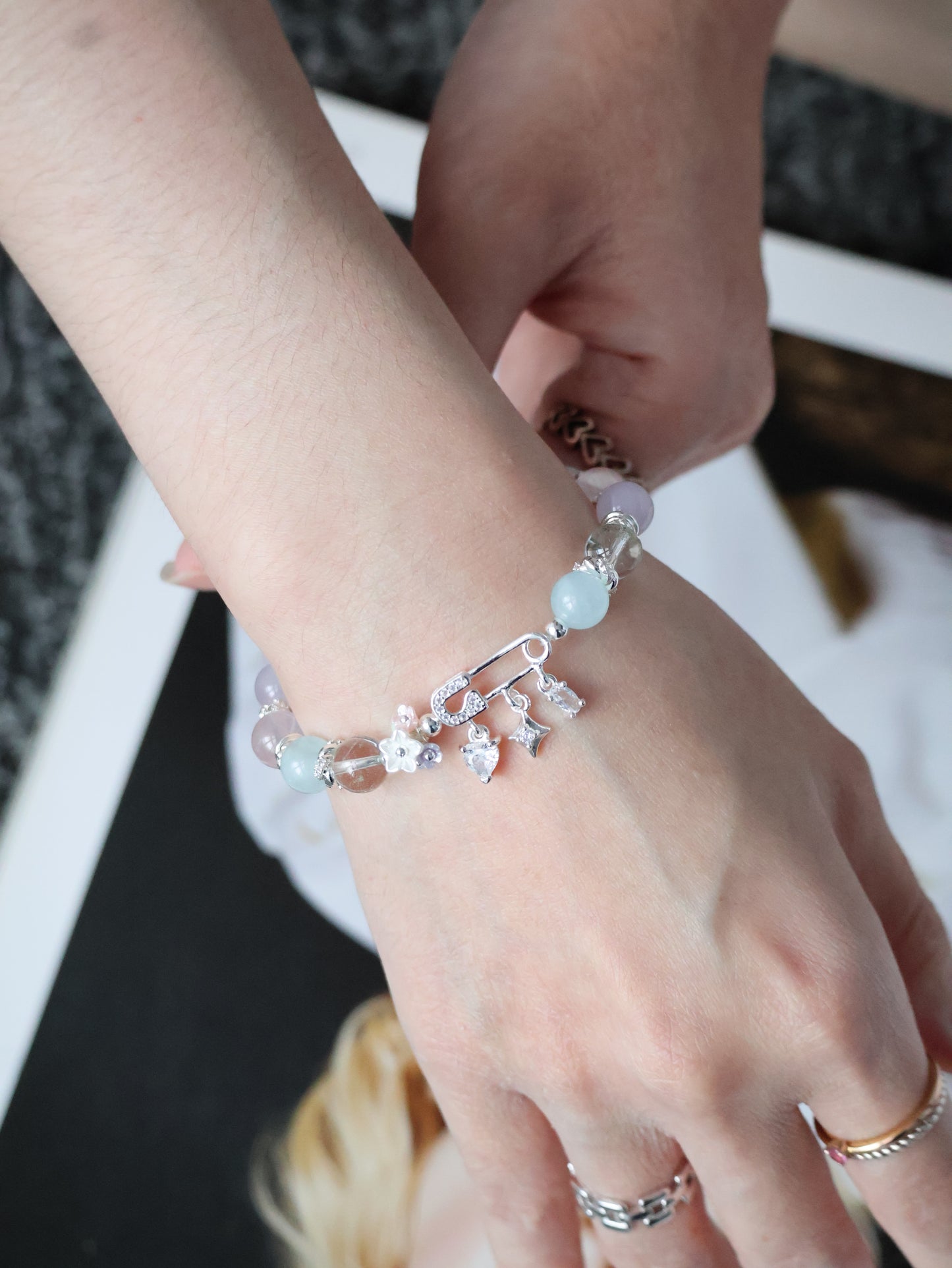 *Instocks* 8mm Genevieve with Safety Pin Charm: Rose Quartz, Lilc Chalcedony, Aquamarine, Green Phantom Quartz (Elastic)