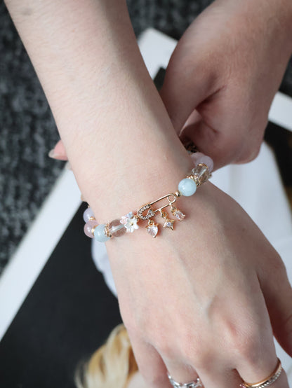 *Instocks* 8mm Genevieve with Safety Pin Charm: Rose Quartz, Lilc Chalcedony, Aquamarine, Green Phantom Quartz (Elastic)