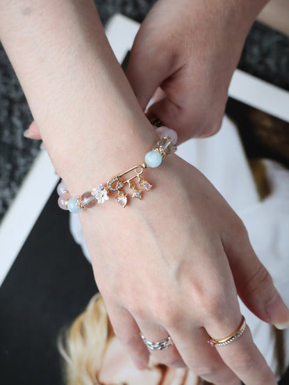 *Instocks* 8mm Genevieve with Safety Pin Charm: Rose Quartz, Lilc Chalcedony, Aquamarine, Green Phantom Quartz (Elastic)