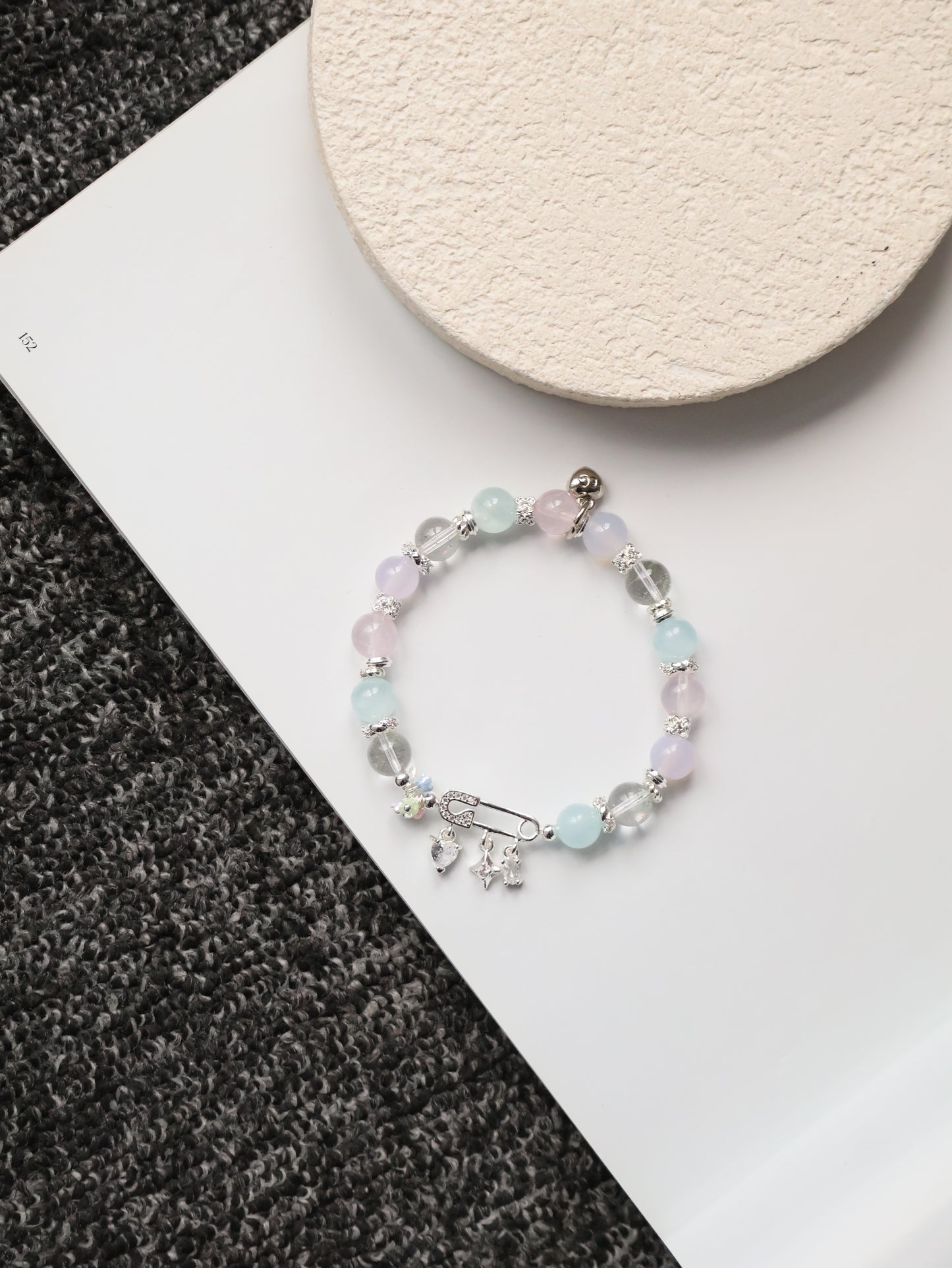 *Instocks* 8mm Genevieve with Safety Pin Charm: Rose Quartz, Lilc Chalcedony, Aquamarine, Green Phantom Quartz (Elastic)