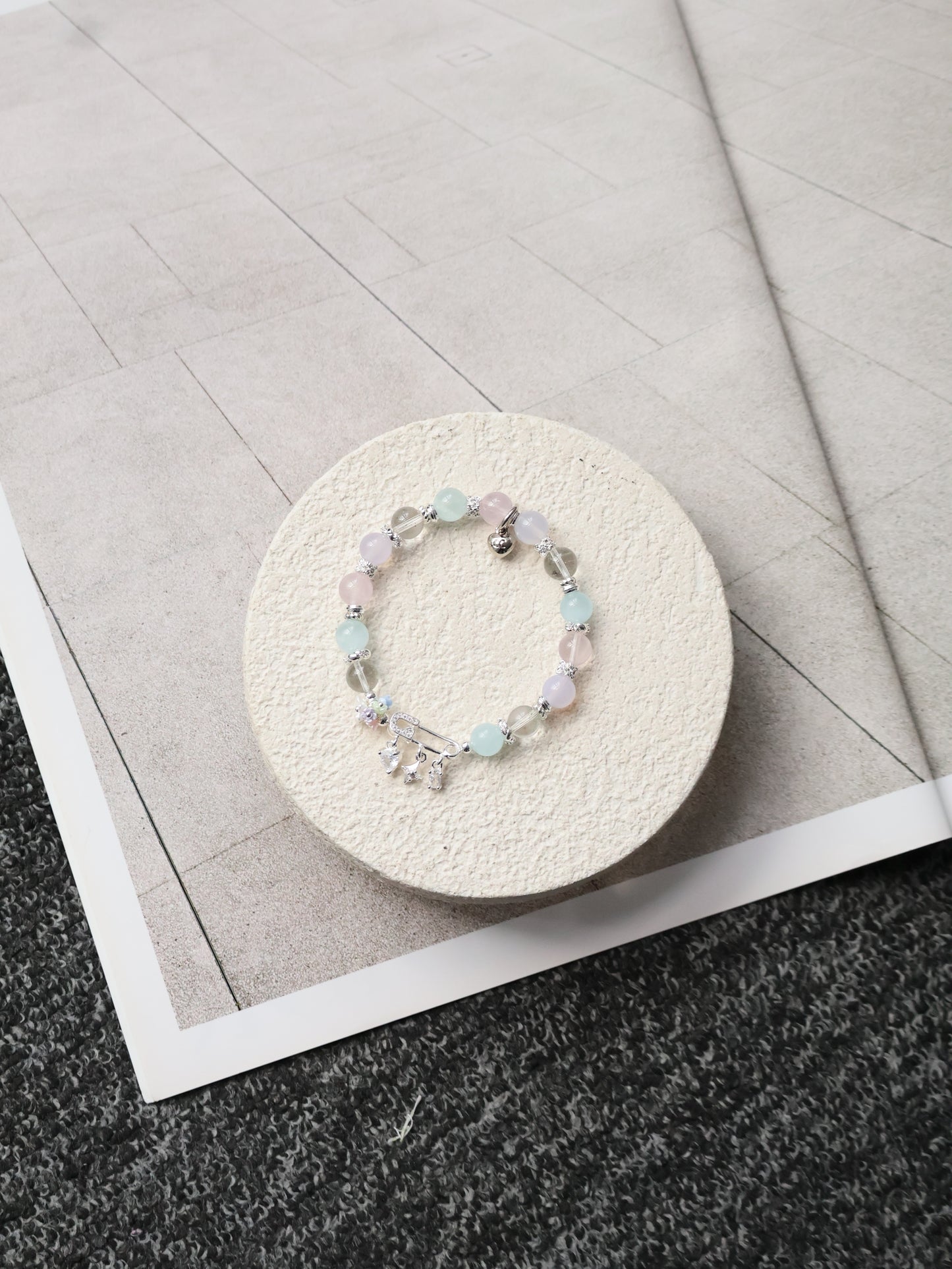 *Instocks* 8mm Genevieve with Safety Pin Charm: Rose Quartz, Lilc Chalcedony, Aquamarine, Green Phantom Quartz (Elastic)