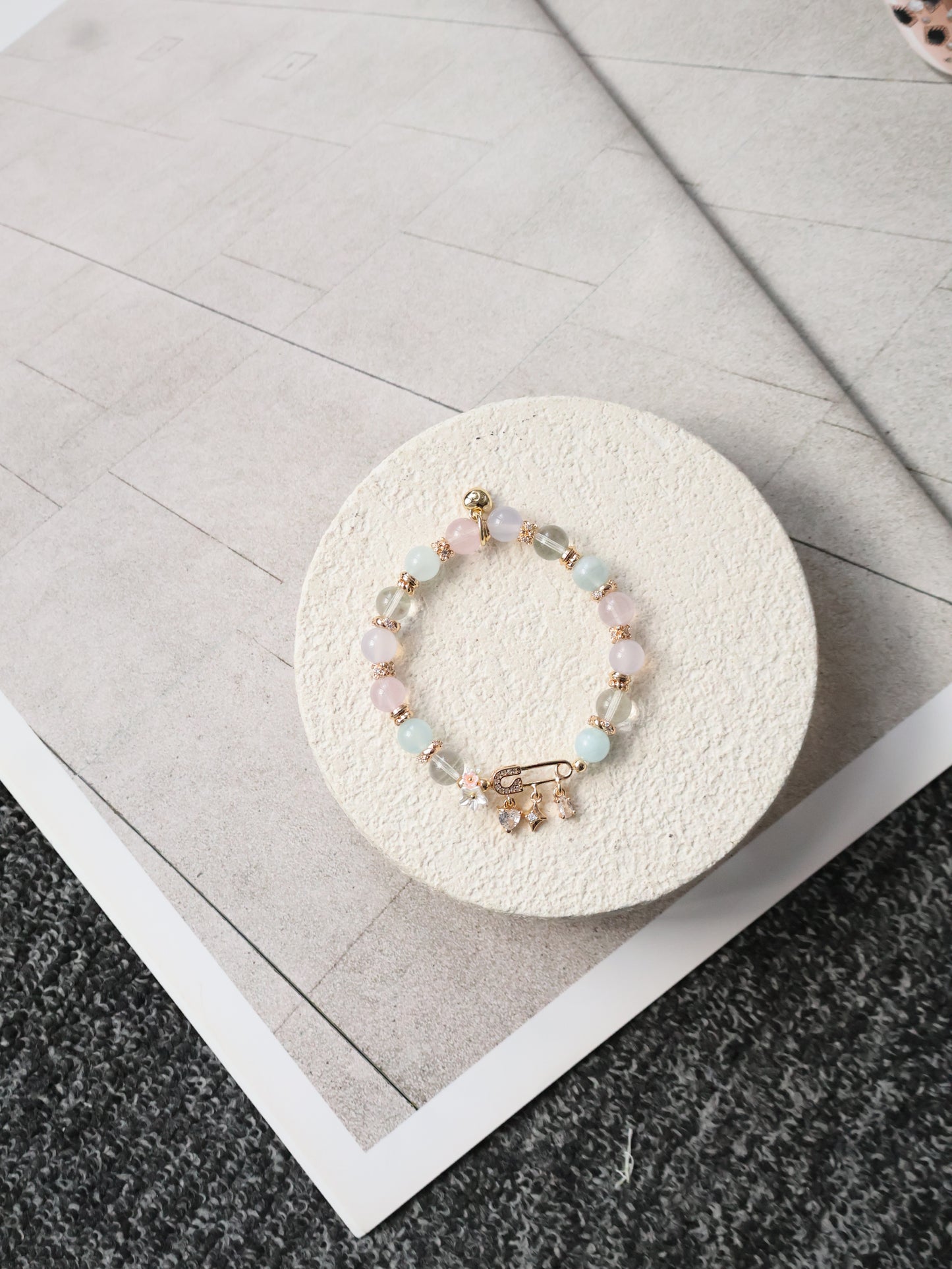 *Instocks* 8mm Genevieve with Safety Pin Charm: Rose Quartz, Lilc Chalcedony, Aquamarine, Green Phantom Quartz (Elastic)