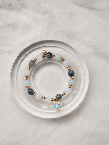 Blue Chalcedony, Aquamarine & Blue Rabbit Hair Crystal Bracelet — Cordelia Twin Sparkly Clover | 8mm + 10mm (Elastic)