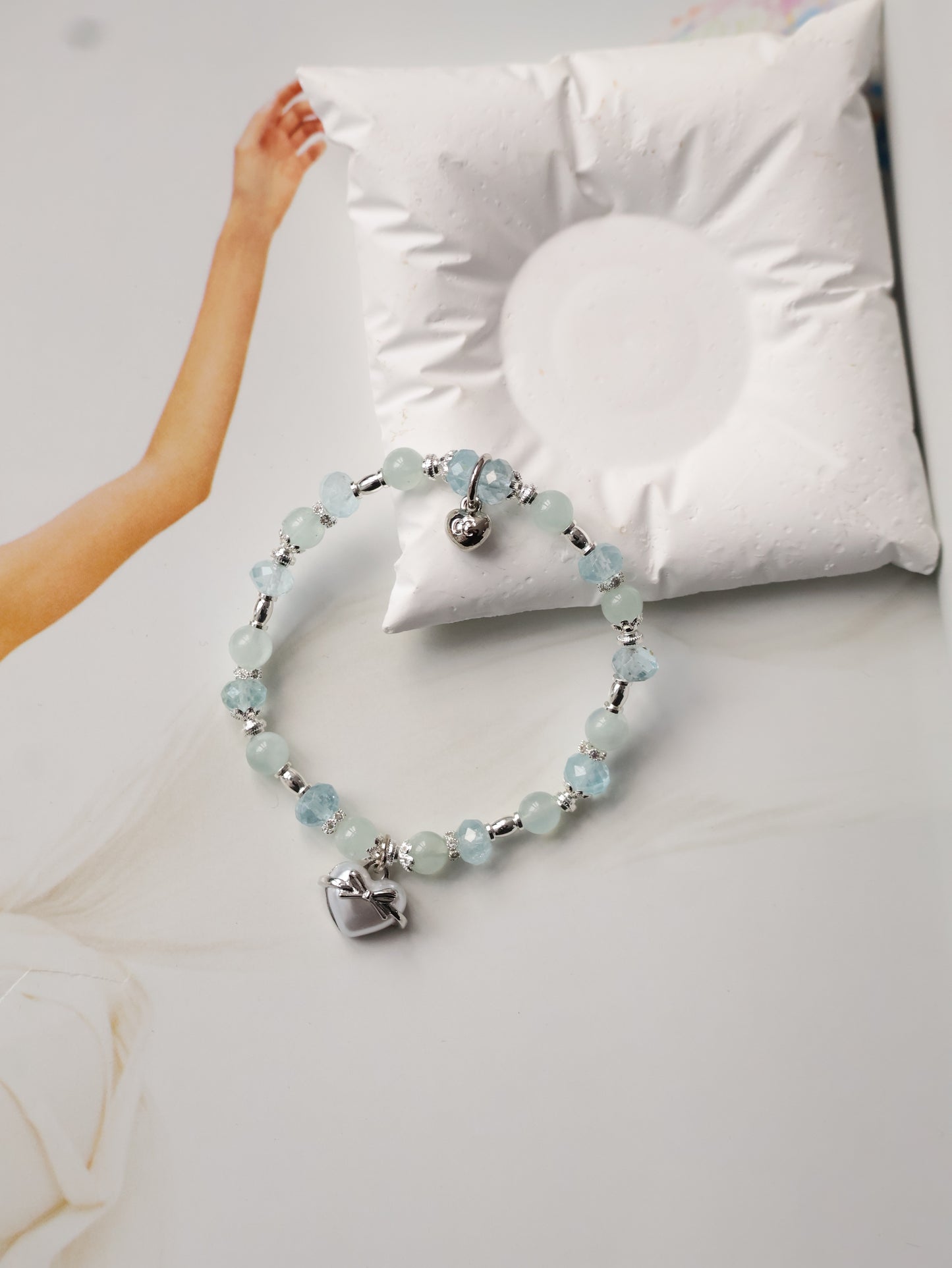 Blue Topaz & Aquamarine Crystal Bracelet with Heart Charm — Airi | 6mm (Elastic)