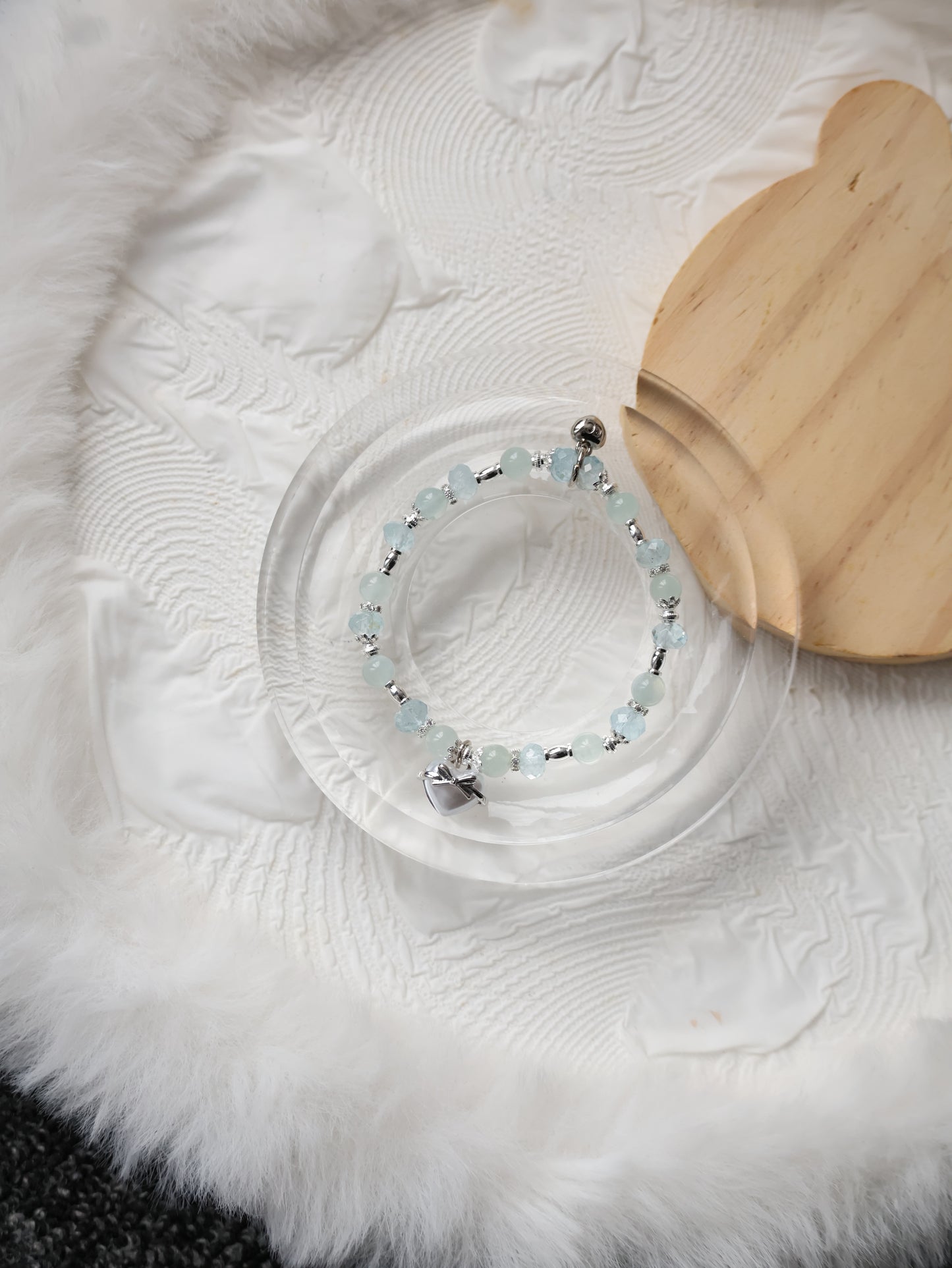 Blue Topaz & Aquamarine Crystal Bracelet with Heart Charm — Airi | 6mm (Elastic)