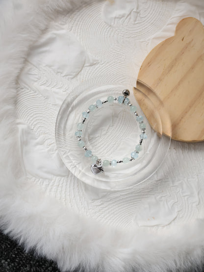Blue Topaz & Aquamarine Crystal Bracelet with Heart Charm — Airi | 6mm (Elastic)