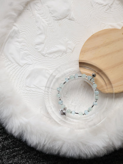 Blue Topaz & Aquamarine Crystal Bracelet with Heart Charm — Airi | 6mm (Elastic)